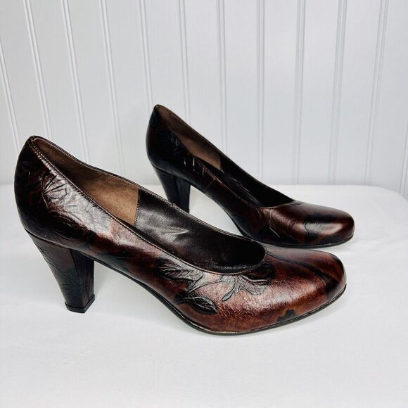 Cuoieria Fiorentina Italy Tuscan Sz 8.5 Heels Chocolate Brown Leather Floral - Picture 1 of 11